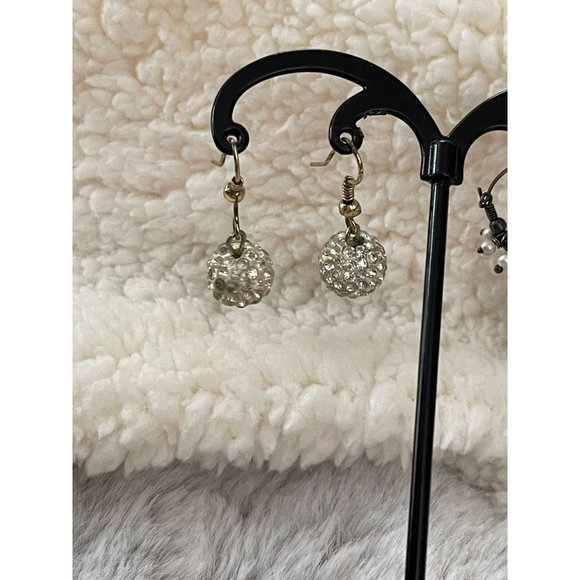 Black/White Beaded Hoop / White Rhinestone Round Dangle Earrings - 2 Pairs - Picture 5 of 12